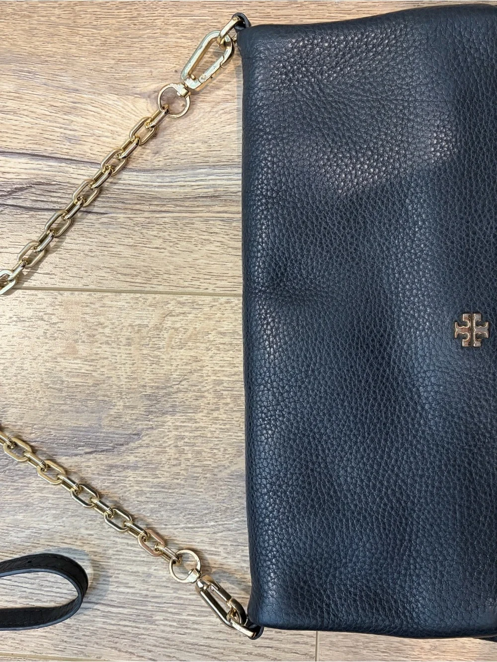 Tory Burch Black Pebbled Leather Fold-Over Crossbody with Gold Chain
